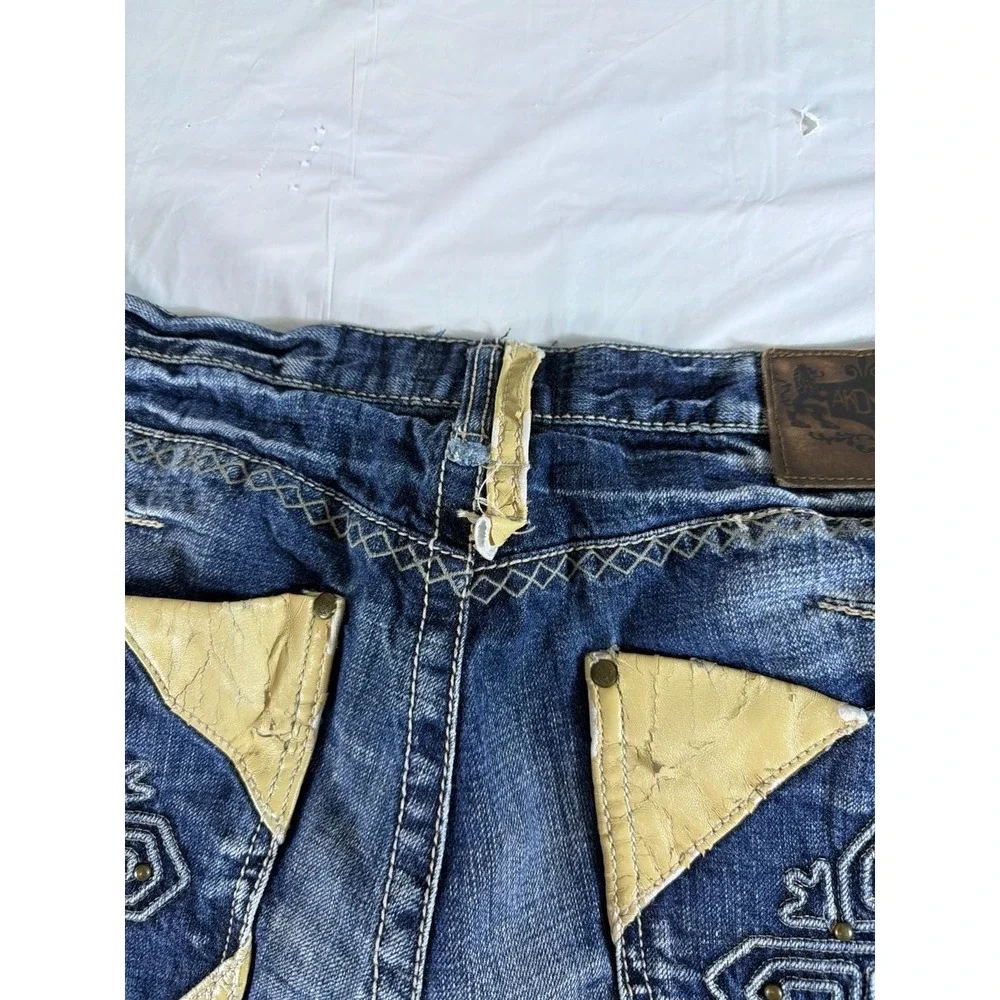 Akademiks Mens Denim Shorts‎ 38 Blue Embroidered Leather Trim Y2K Baggy Hip Hop